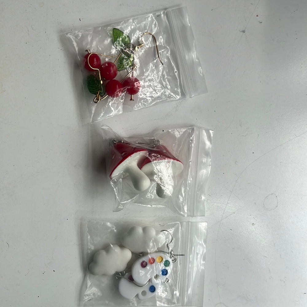 Mushroom, cloud, paint and cherry earring with toast squishmellow